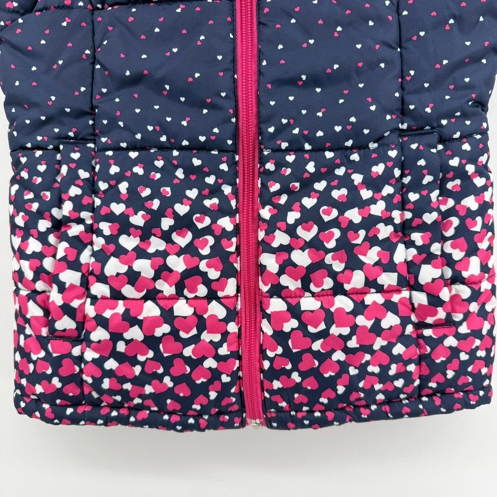 Lands End Kids Puffer Vest Navy Pink White Heart Print Size S 4 Full Zip Padded